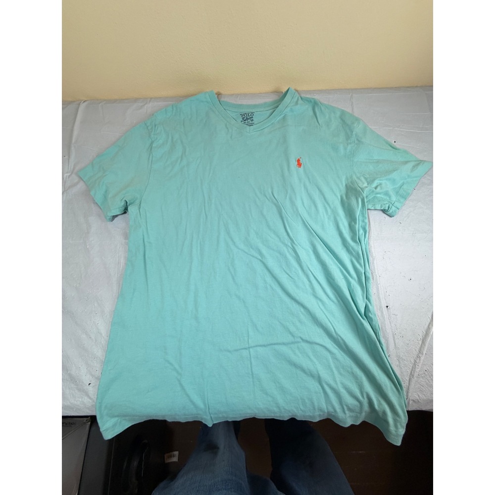Polo Ralph Lauren Mens V-Neck T-Shirt Medium Aqua Blue Cotton Orange Pony Logo